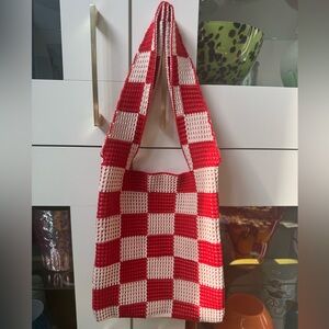 Checkered Crochet Bag Tote Red White Carryall Groceries Beach